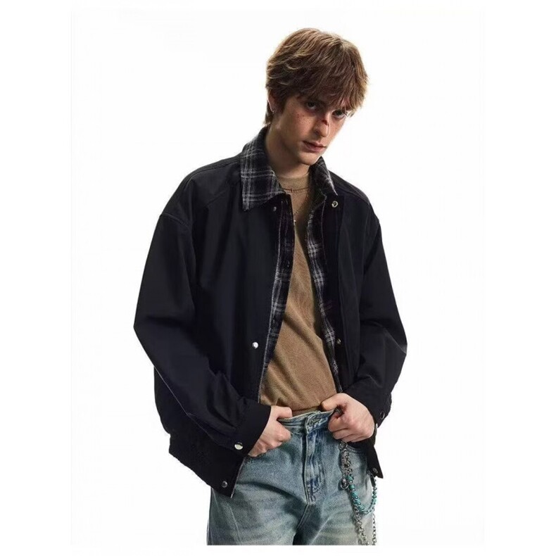 美式格纹翻领拼接加棉外套男冬季假两件情侣夹克棉衣潮JK9210-P85,男装夹克,星座308B-2