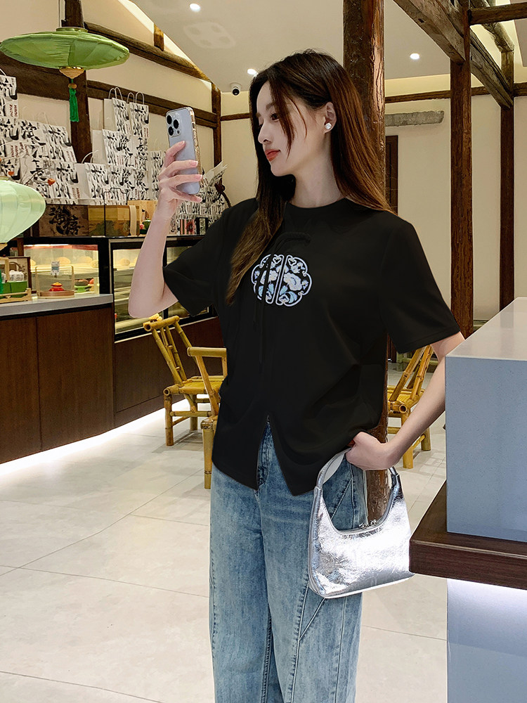 时尚开叉刺绣T恤修身显瘦短袖上衣,女装T恤,鑫慧