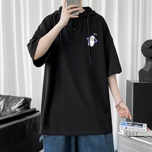 LD54167-P45 连帽短袖t恤男大码胖子带帽五分袖中袖图片