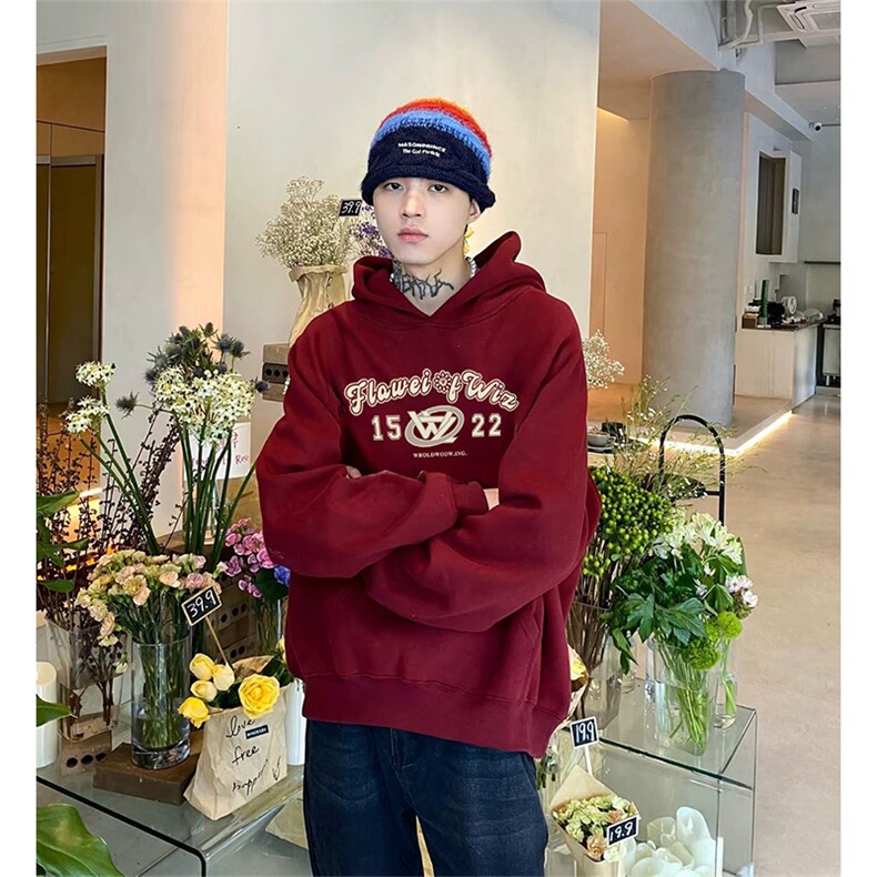 抖音得物 高品质印花连帽卫衣 秋冬装美式宽松连帽纯色卫衣ADL114图片