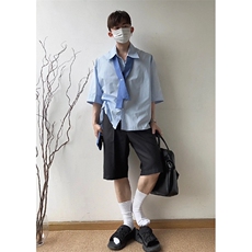 cleanfit蓝色长袖衬衫男交叉领带设计感衬衣阳光干净男生穿搭外套，男装衬衫，星座601-1