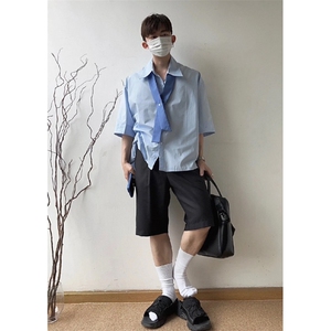 cleanfit蓝色长袖衬衫男交叉领带设计感衬衣阳光干净男生穿搭外套图片