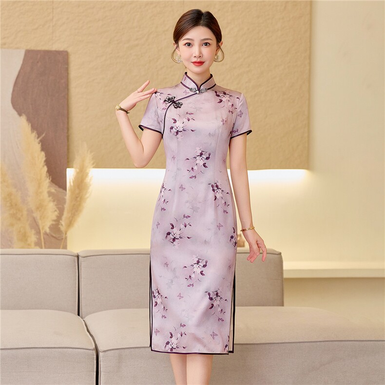 杭州品质真丝长裙复古印花连衣裙女春夏日常修身潮流真丝旗袍,女装汉服/婚纱/旗袍/礼服,小荷流