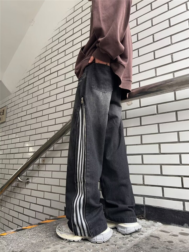 条纹拼接阔腿牛仔裤重工复古拉链工装牛仔长裤XN859-P55,男装牛仔裤,星座1001-1