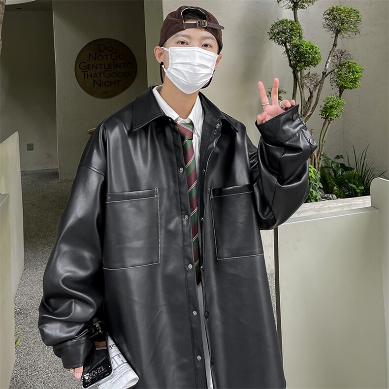男装秋季港风纯色休闲男宽松PU皮衣夹克外套衬衫A071-C28-P75,男装夹克,电商A071