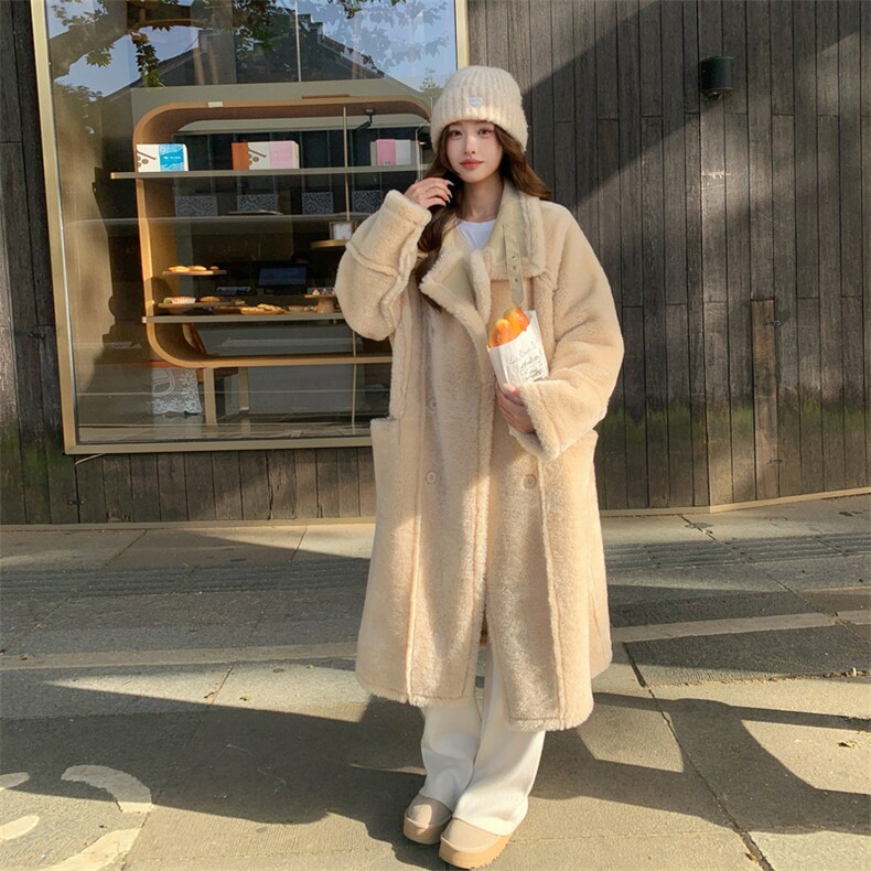 2C232-8699奶杏黄正反两穿长款皮毛一体外套8699-P235-K358,女装毛呢外套,2C232