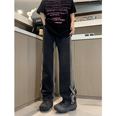 现货春夏黑色渐变直筒宽松设计感拼接绑带XX修身牛仔裤男K918-P50，男装牛仔裤，星座205