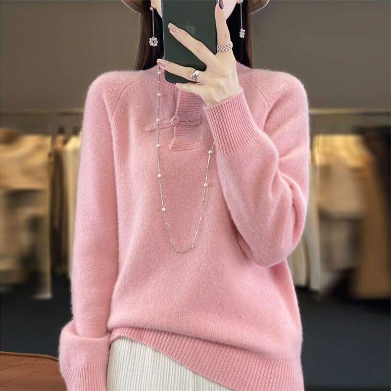 复古新中式100%纯羊毛衫女半高领盘扣长袖针织毛衣宽松加厚羊绒衫,女装羊毛衫,北娇羊绒
