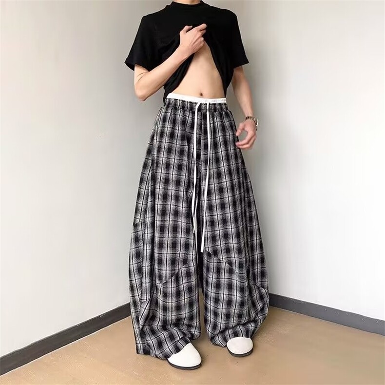 AK2144-P52复古慵懒风双腰头拼接格子阔腿裤男女同款,女装休闲裤,星座617A-2