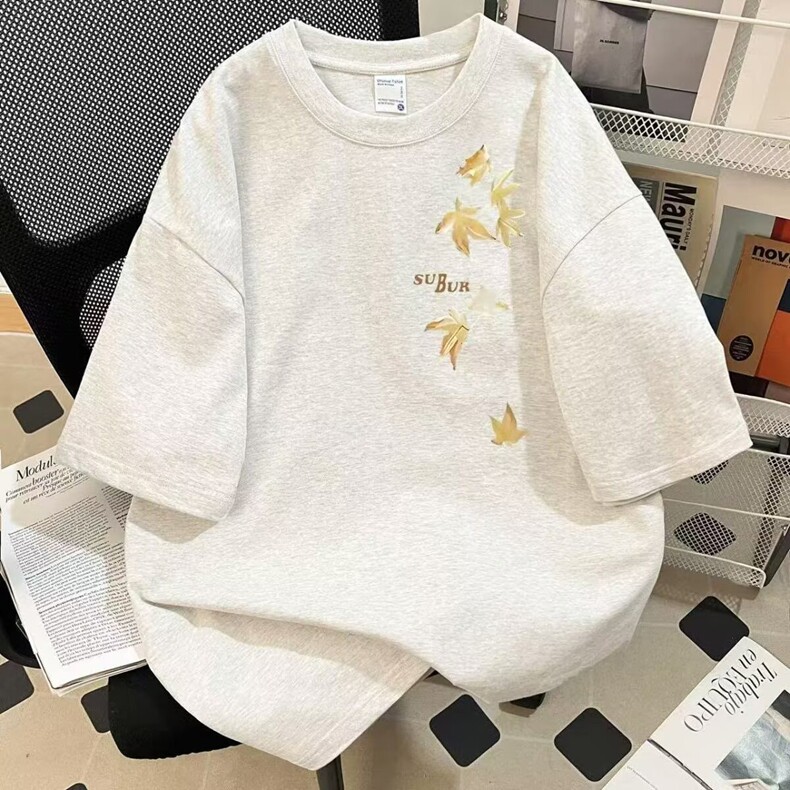 潮牌枫叶印花短袖T恤男士2026夏重磅宽松大码休闲半袖打底体恤衫，男装T恤，星座1409-3