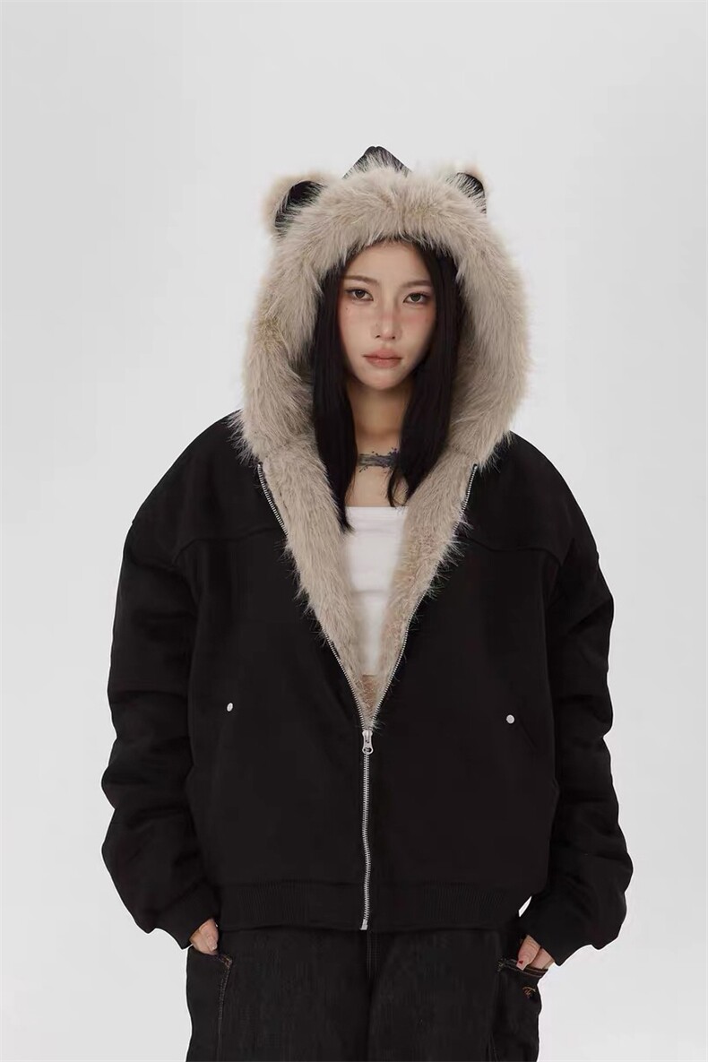 网图座山雕鹿皮绒秋冬连帽猫耳朵男女情侣装棉服外套-A2350P80,男装棉衣,电商B241