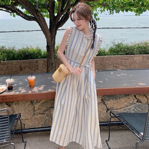 法式小清新条纹度假背心连衣裙女装新款夏季小个子宽松减龄长裙子图片