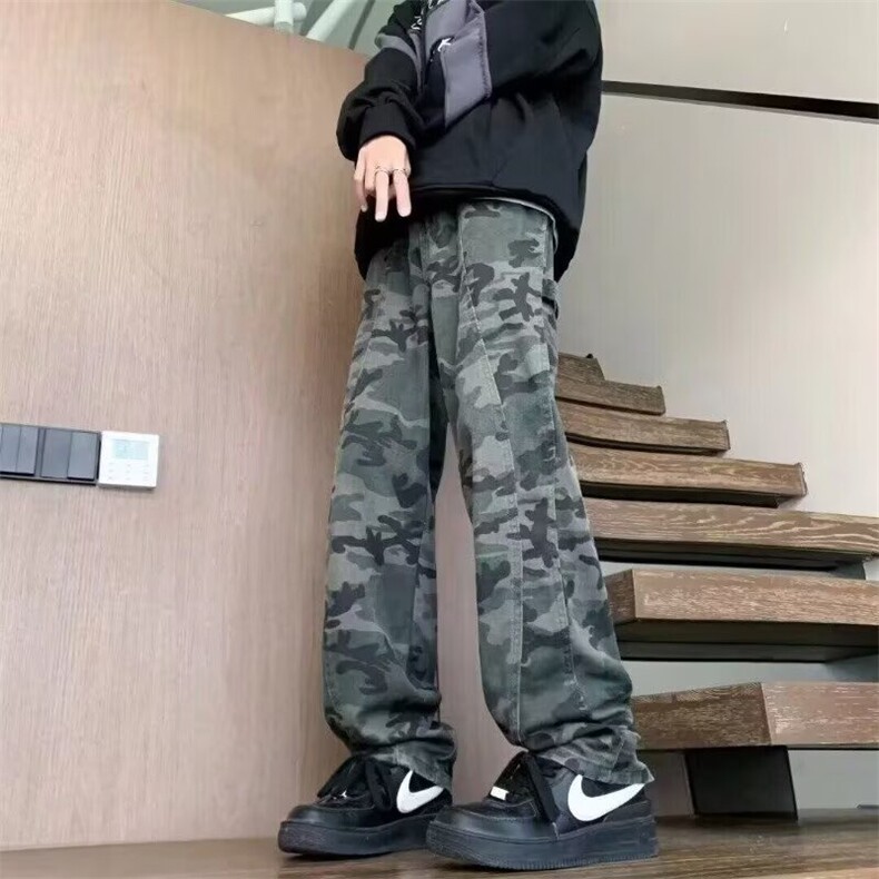 抖音得物美式复古迷彩微喇工装裤男款vibe高街裤子修身牛仔裤AK11图片