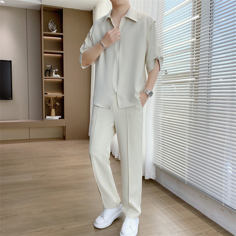 2025夏季新款套装高级感冰丝短袖衬衫休闲透气上衣长裤两件套，男装休闲套装，星座1206（原A206）