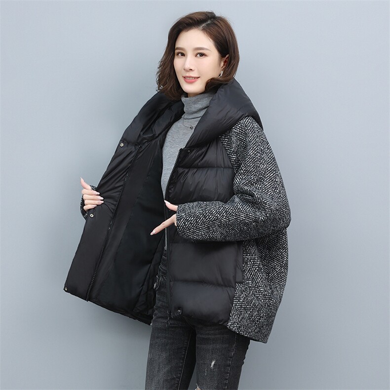 2024羊毛毛呢拼接棉衣棉服加厚保暖外套宽松女装冬装,女装棉衣/棉服,涵誉