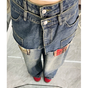 美式解构双腰头拼接弯刀牛仔裤男女设计感宽松阔腿裤子-N7683图片