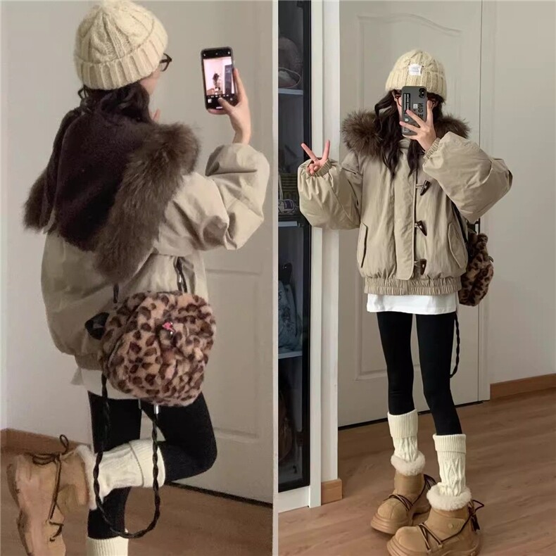 【升级款】牛角扣大毛领连帽棉服外套韩系工装派克服Y917P108网图图片