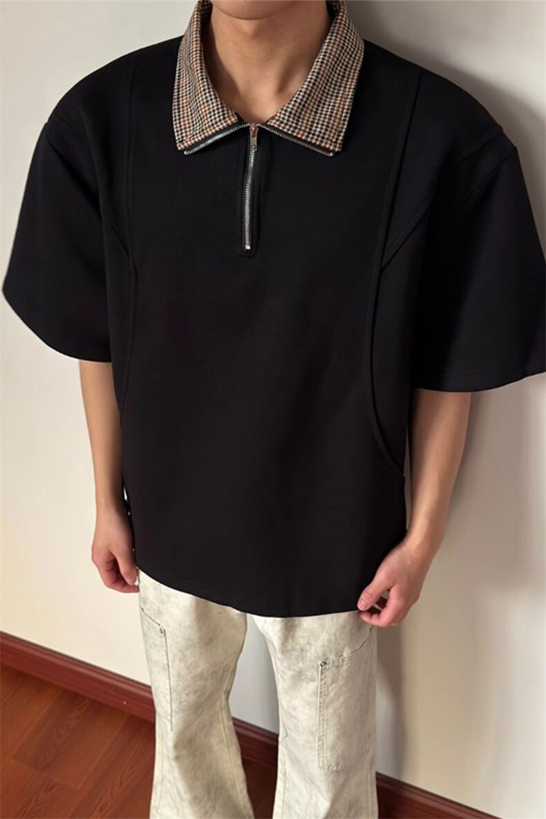 重磅半拉链老钱风千鸟格polo短袖解构拼接T恤TX119特P45,男装T恤,星座908-1