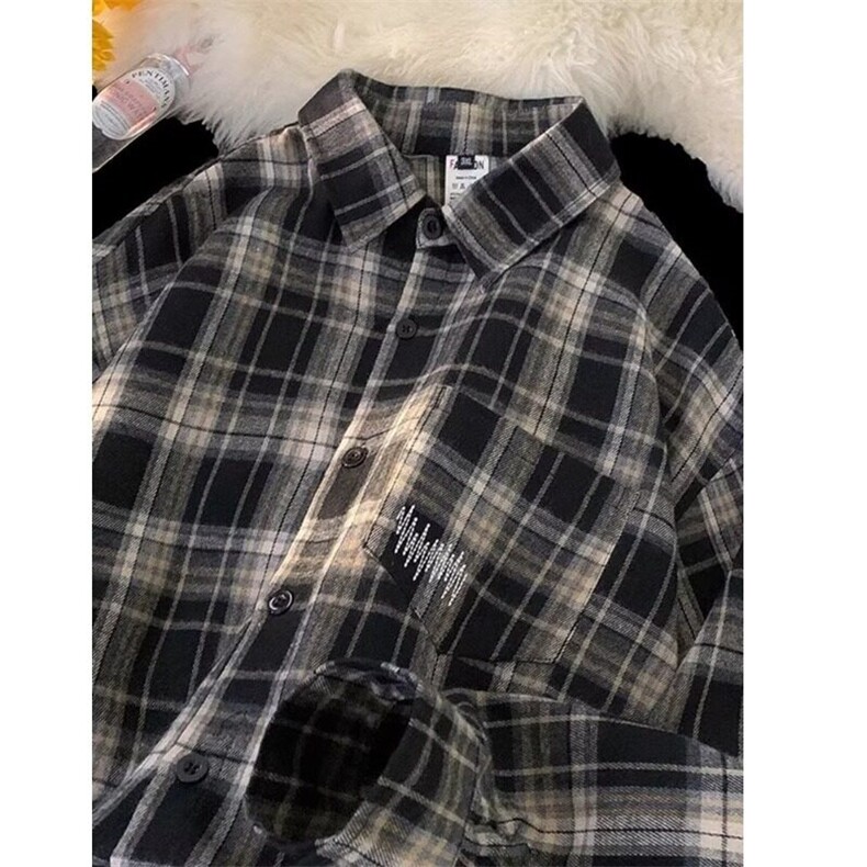 wassuphappy格子刺绣长袖衬衫男春秋季潮流高级感衬衣服休闲外套,男装衬衫,星座506A