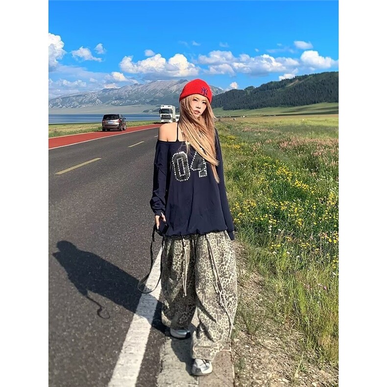 复古水洗做旧豹纹牛仔裤男女设计感春季宽松直筒筒垂显瘦休闲长裤,女装休闲裤,星座1210-1