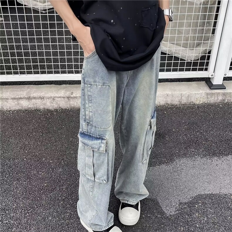 美式高街多口袋工装牛仔裤女潮做旧直筒百搭宽松阔腿裤NU11,男装牛仔裤,星座1116A-1（原606A）