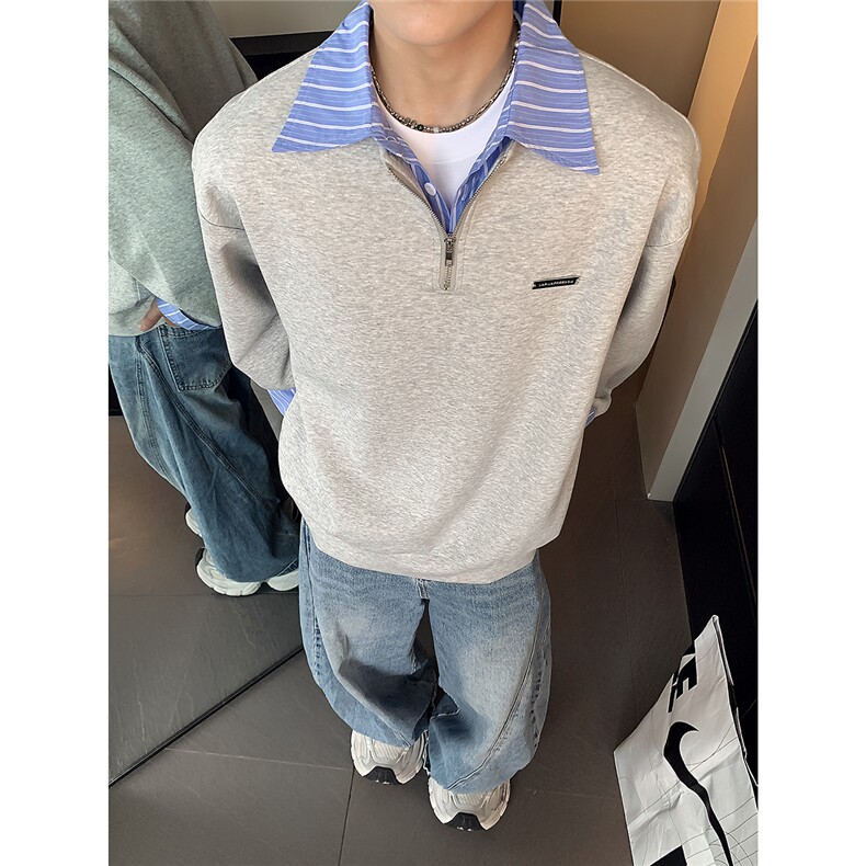 小众设计感拼接灰色卫衣男早秋穿搭假两件衬衫领休闲长袖W100-P58,男装衬衫,电商C307