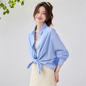 2026春夏新款蓝衬衫女学院风宽松慵懒风叠穿衬衣通勤百搭清新减龄，女装衬衫，艾米