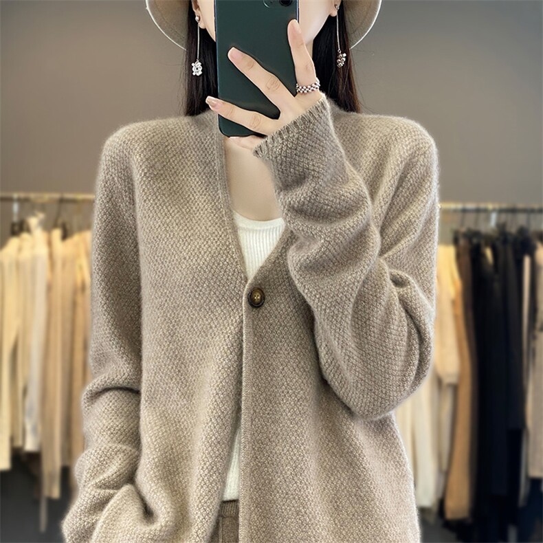 24秋冬新款100%纯羊绒开衫女一粒扣V领宽松百搭长袖羊毛针织外套,女装羊毛衫,片语羊绒