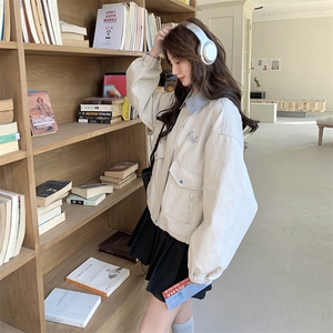学院风拼色翻领牛仔外套女2025春季新款韩版宽松小个子夹克上衣潮图片