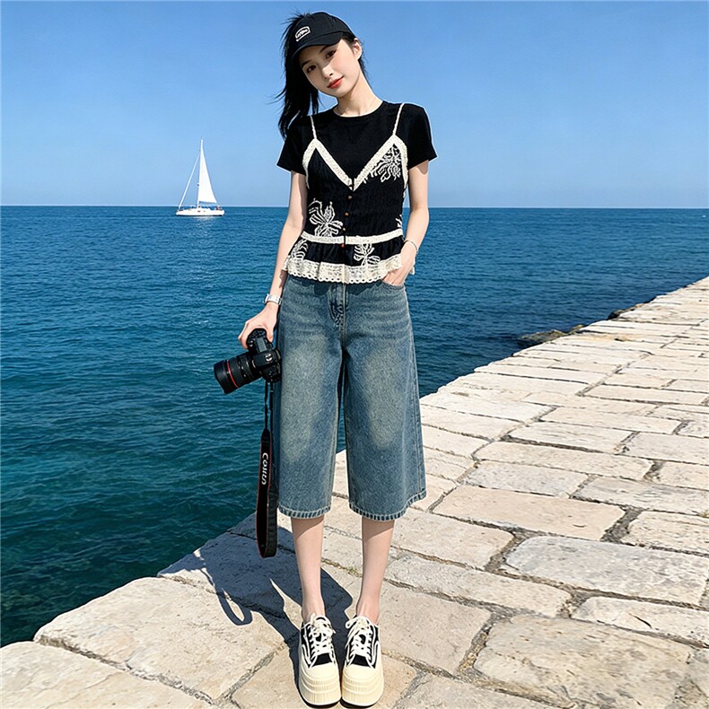 高级感时尚休闲套装夏圆领刺绣蕾丝拼接假两件上衣牛仔中裤两件套,女装套装/套裙,江南