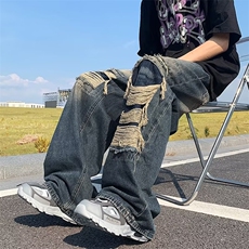 2024破洞牛仔裤男女潮牌水洗做旧阔腿裤宽松百搭拖地长裤-X1683，男装牛仔裤，星座601-2