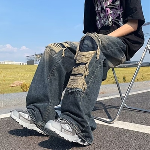 2024破洞牛仔裤男女潮牌水洗做旧阔腿裤宽松百搭拖地长裤-X1683图片