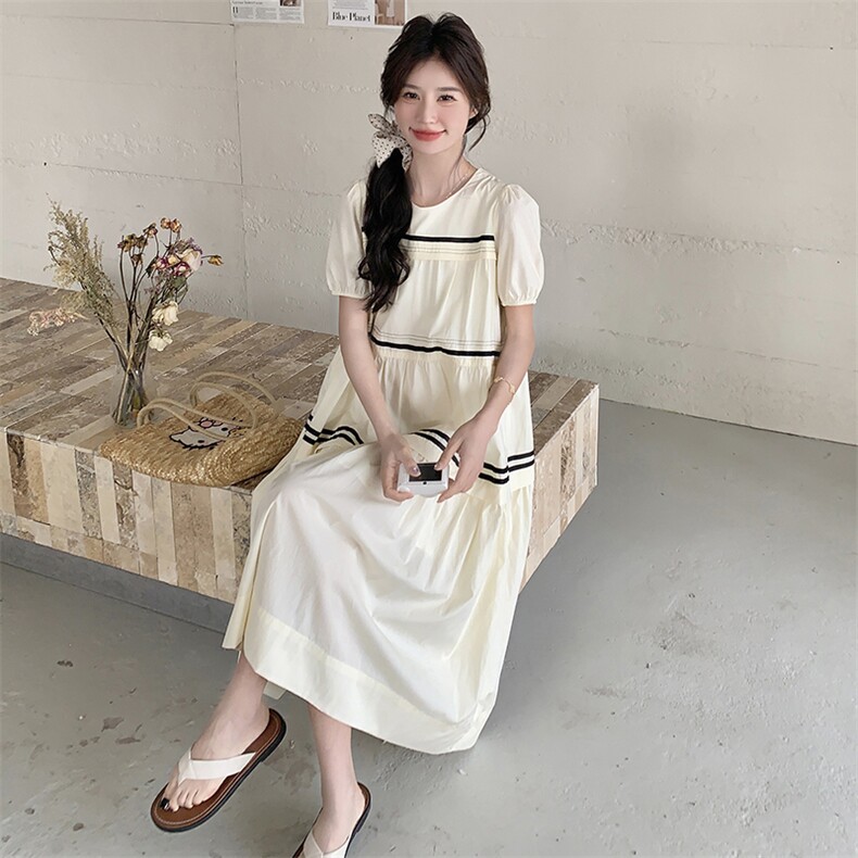 撞色拼接简约风短袖连衣裙女2025年夏季新款韩版设计感条纹A字裙,女装连衣裙,2C012