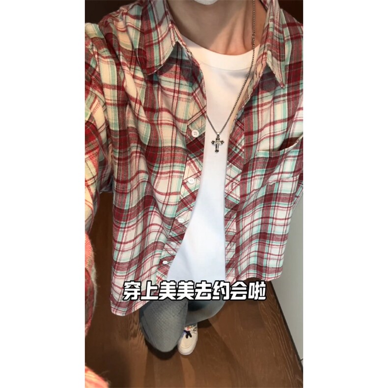 控价59港风格子衬衫宽松外套男女衬衣百搭格子外套CS2414P35,男装衬衫,电商A128