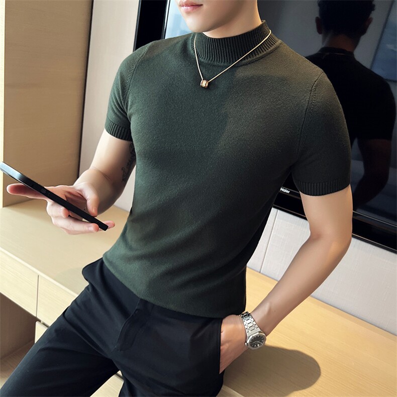 2024春夏款纯色修身半高领短袖针织毛衣打底衫男M03-p45M-4XL，男装针织衫/毛衣，电商D303