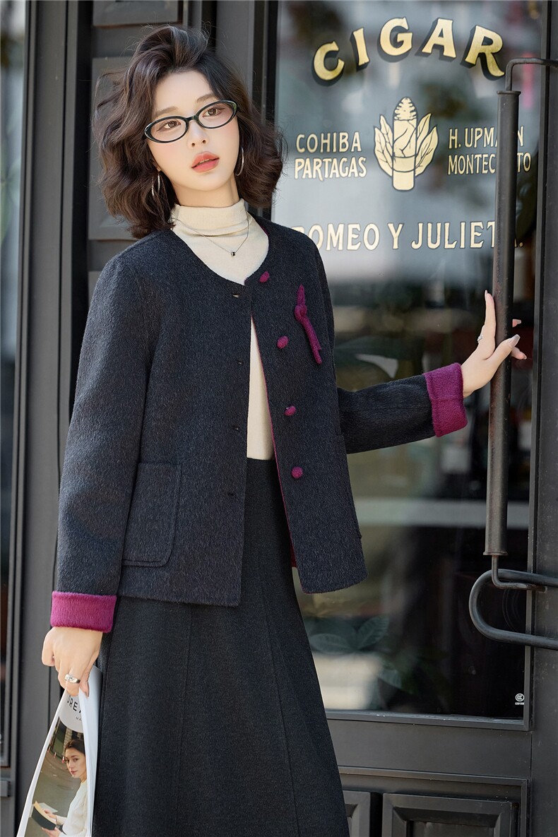 小香风温柔气质短款毛呢外套女2025秋冬新款时尚撞色双面羊毛大衣,女装双面呢大衣,沁沁公主