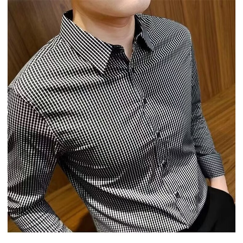 潮牌格子衬衫男士长袖春夏季商务高端休闲修身免烫上衣725,男装衬衫,星座1116A-2（原606A-1）