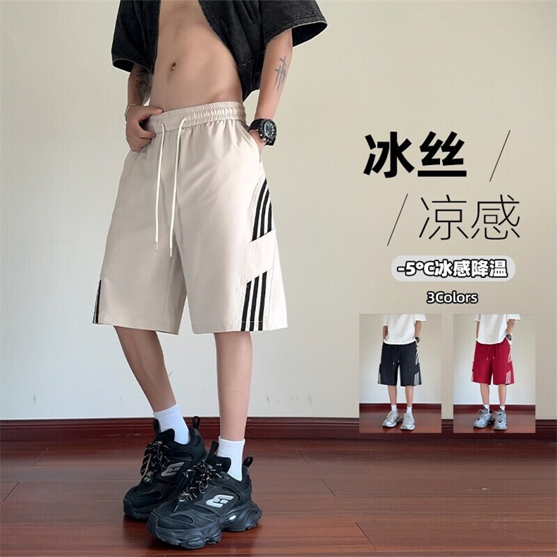 特批P24无差价夏季拼接三条杠冰丝冰感复古顺滑五分短裤男DK5822,男装休闲裤,电商A001