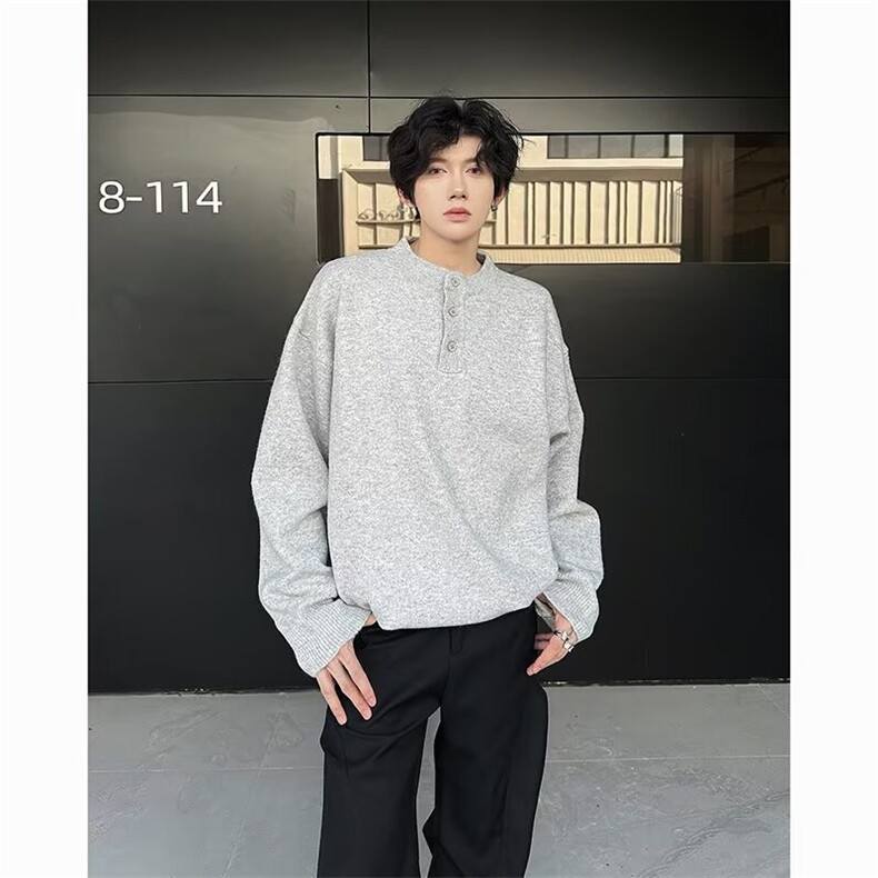 花灰色美式亨利领毛衣男高级感长袖套头气质百搭圆领时尚外套578,男装针织衫/毛衣,星座310B-2