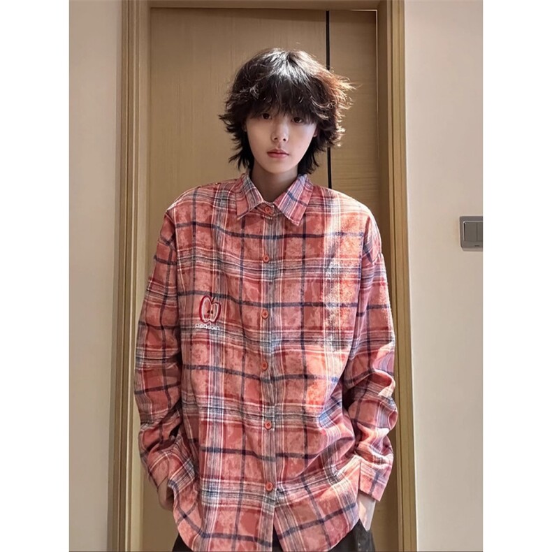 CS106-P50 苹果刺绣红色格子衬衫男秋季慵懒风长袖衬衣美式图片