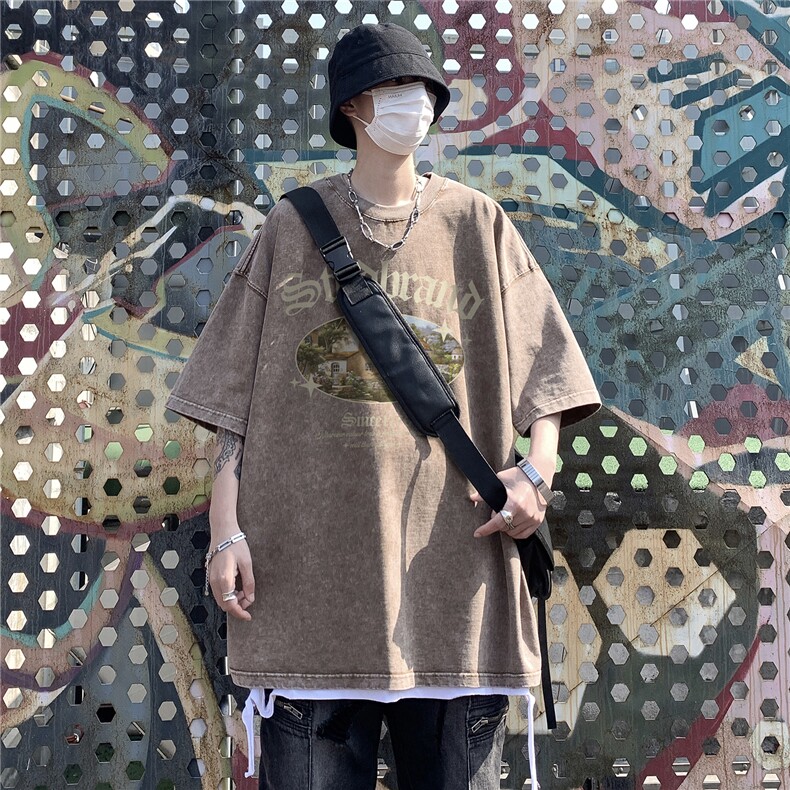 创意印花水洗短袖男夏季美式复古T恤ins港风潮流做旧高街,男装T恤,电商C306-1