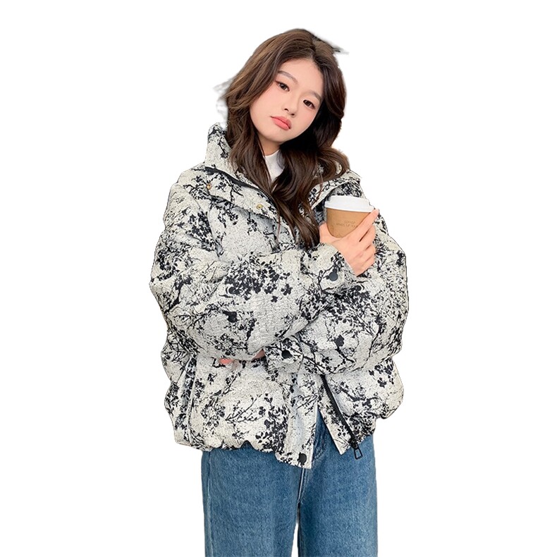 新中式国风水墨印花短款羽绒服女2025冬季新款显瘦加厚白鸭绒外套,女装羽绒服,2B237