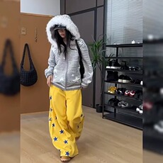星星印花设计感休闲裤女秋季新款美式气质高腰显瘦阔腿裤潮，男装休闲裤，星座506A