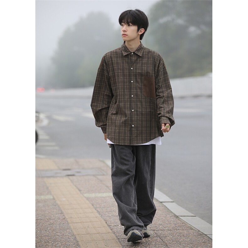 抖音品质格子衬衫男长袖宽松复古港风外套CS7215P55控88,男装衬衫,电商B413-1