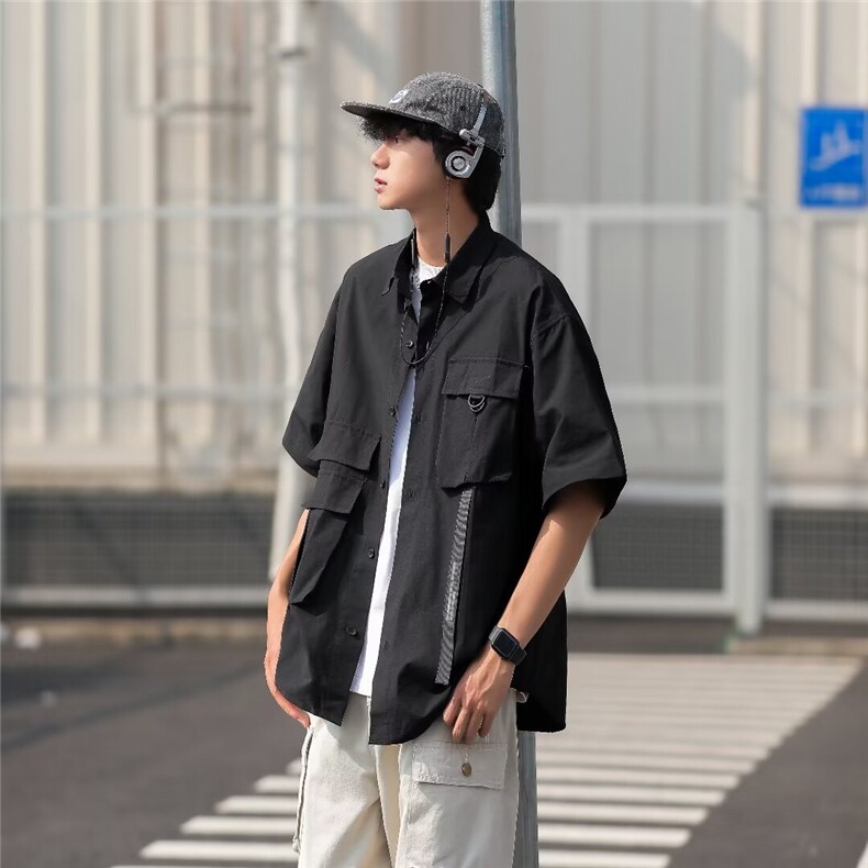 机能工装短袖衬衫男女山系街头宽松休闲翻领半袖黑色衬衣,男装衬衫,星座716-3
