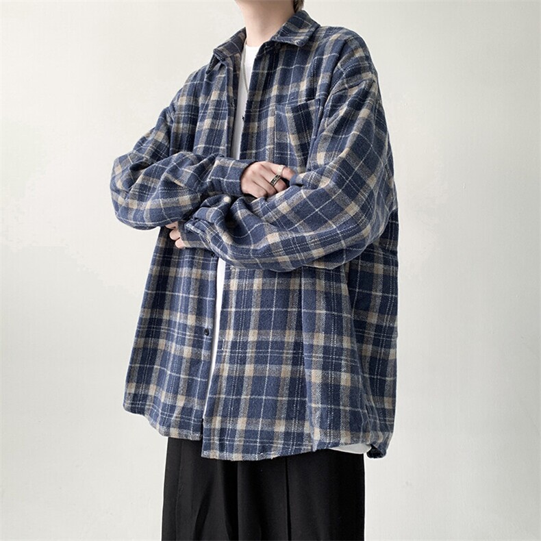 宽松棉毛长袖衬衫男格子衬衣KD612-P50,男装衬衫,电商D312-1