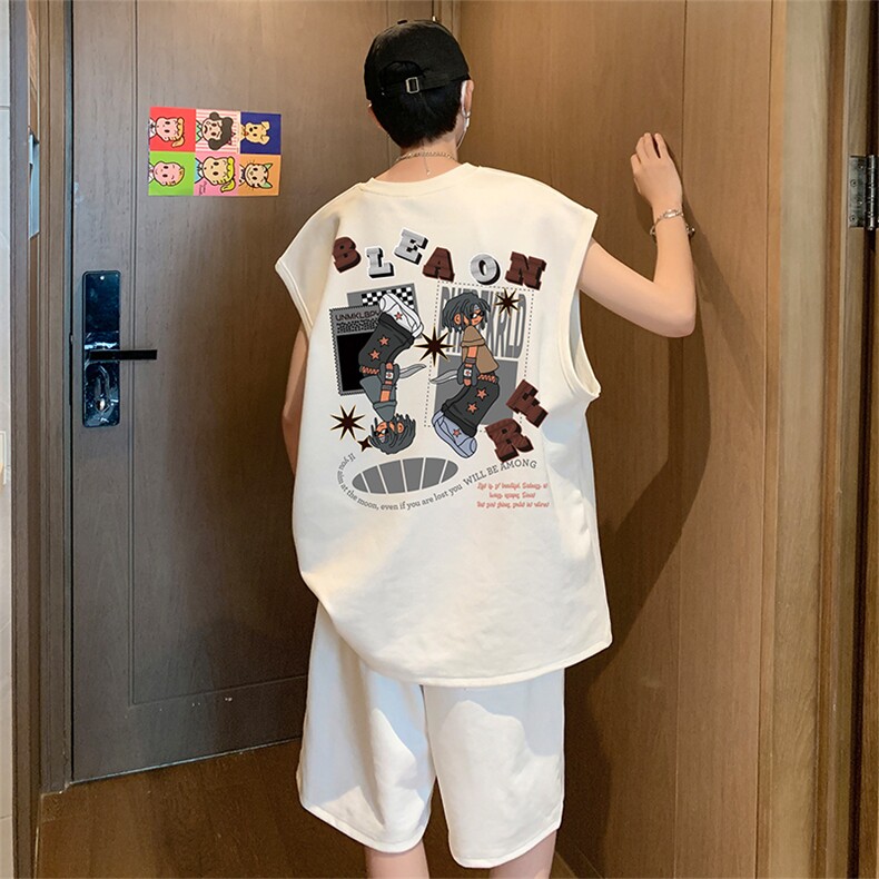 直播美式麂皮绒宽松背心无袖t恤短裤大码两件套套装TZ61-P58,男装T恤,电商A486