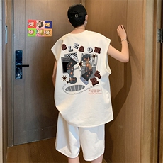 直播美式麂皮绒宽松背心无袖t恤短裤大码两件套套装TZ61-P58，男装T恤，电商A486
