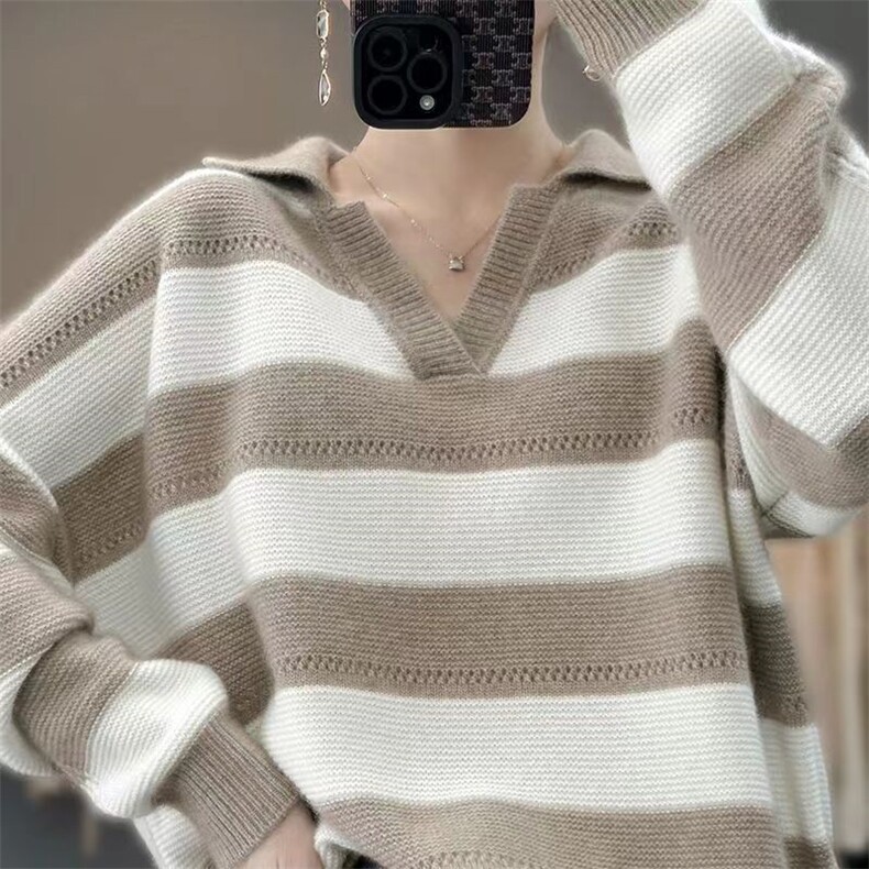 秋冬新款POLO领纯羊毛衫女条纹针织毛衣宽松慵懒风羊绒衫长袖上衣,女装羊毛衫,胜酷羊绒