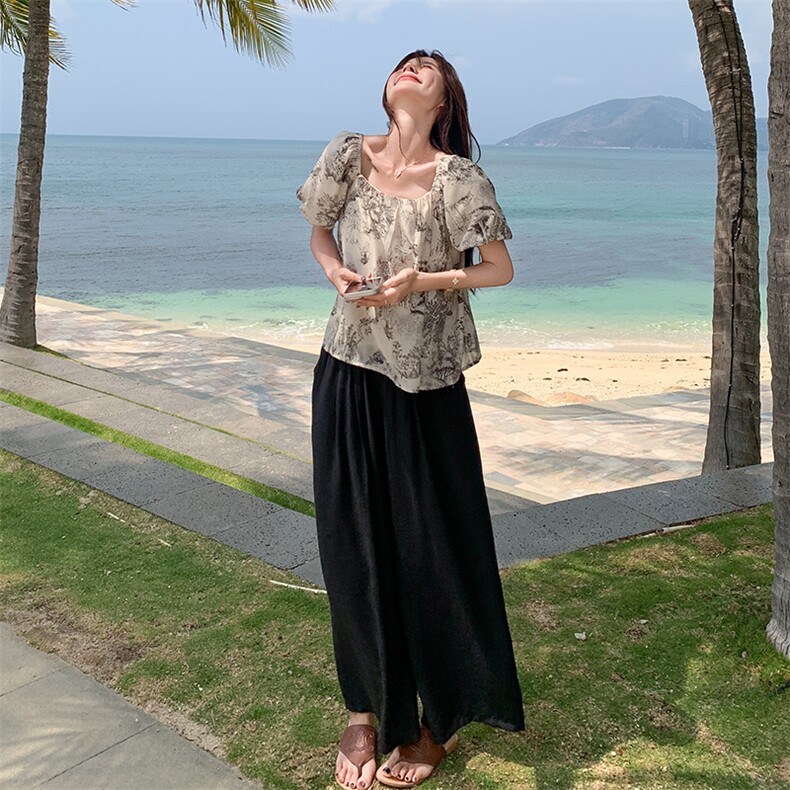 法式慵懒风泡泡袖水墨上衣套装女夏季新款小个子高腰阔腿裤两件套,女装套装/套裙,2C009
